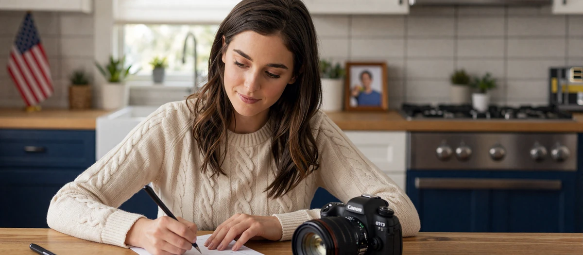 Long distance military relationship - Hannah writing a handwritten letter to her deployed partner in a sunlit kitchen