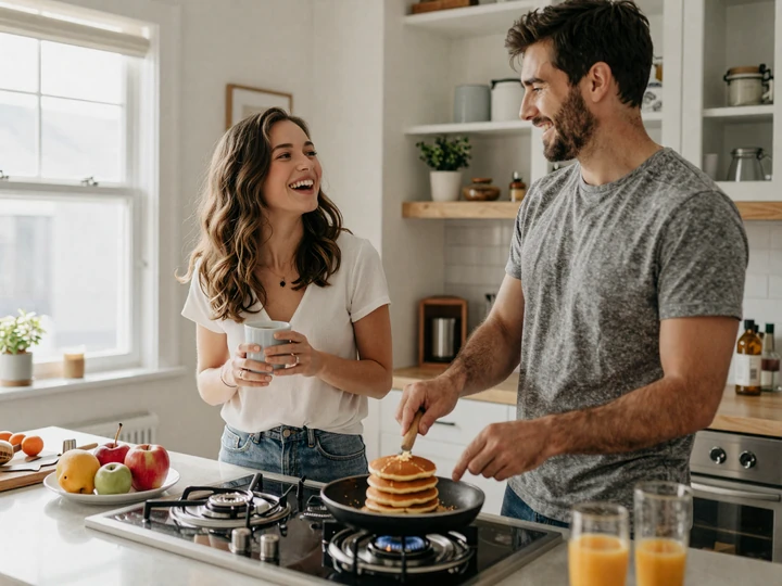 A military couple making breakfast together - the everyday rhythm that loyalty and discipline build