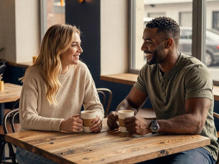 Hannah and Marcus, a couple who met on a soldier dating app, sharing coffee on a warm afternoon