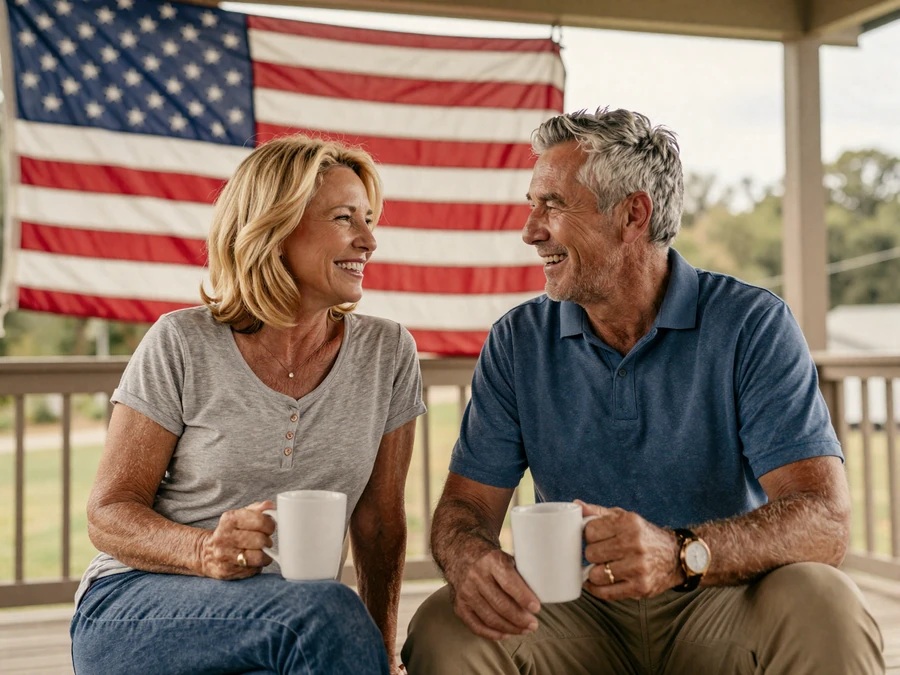 Retired military veteran couple sharing morning coffee on a Southern porch