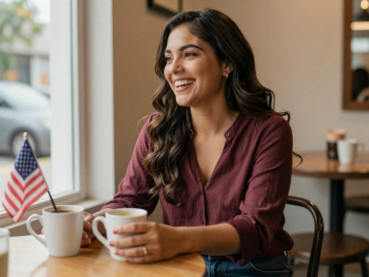 Qualities women value in military men - Maya laughing during a coffee date that reflects authentic military dating