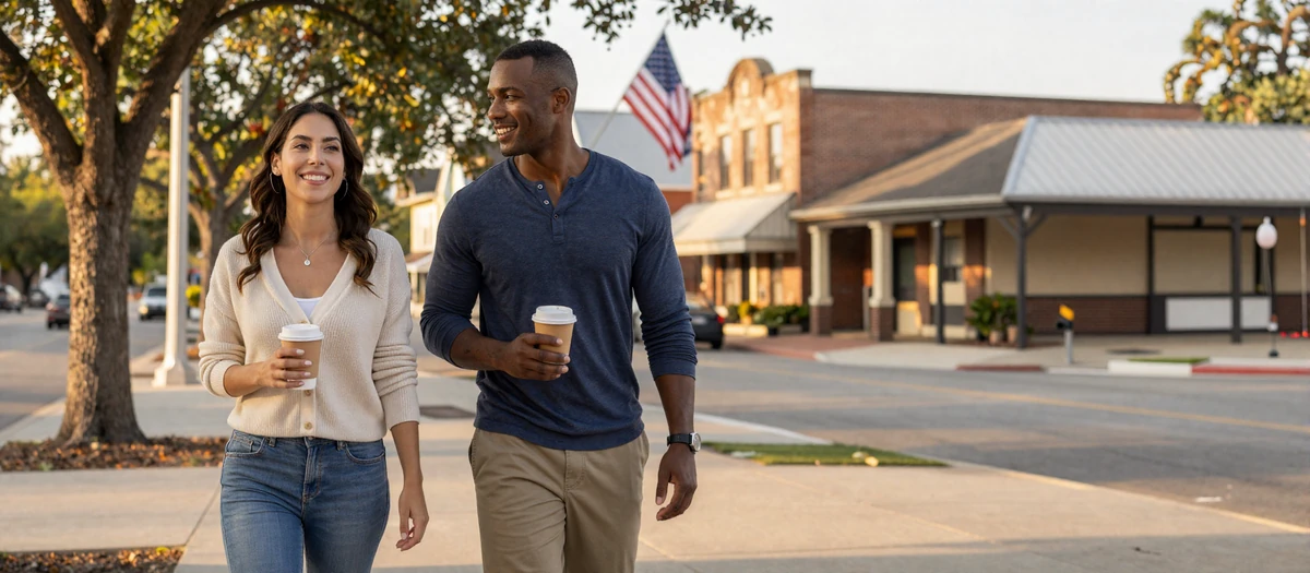 Single military men finding love during service - Hannah and Marcus walking together on a sunlit small-town street