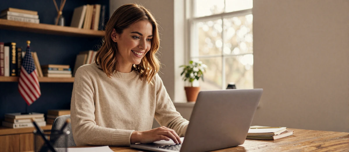 Why military dating sites are growing - Sarah browsing a verified armed forces dating website at her home office