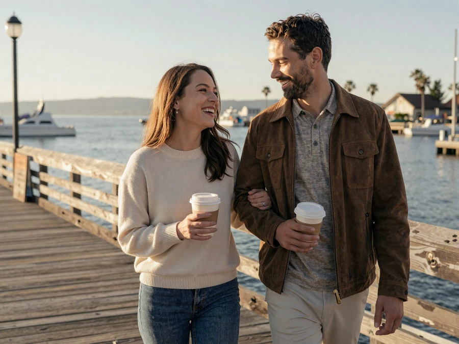 Navy couple sharing a relaxed harbor coffee date after meeting on Valor Romance