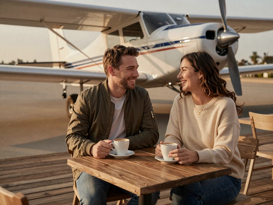 Couple at an airfield cafe after meeting on the Valor Romance military pilot dating site