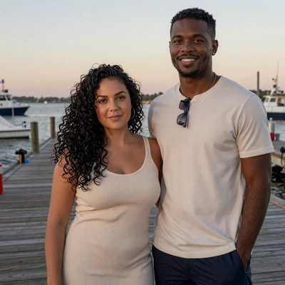 Renee and David, a Navy couple who met on Valor Romance, on a harbor pier at sunset