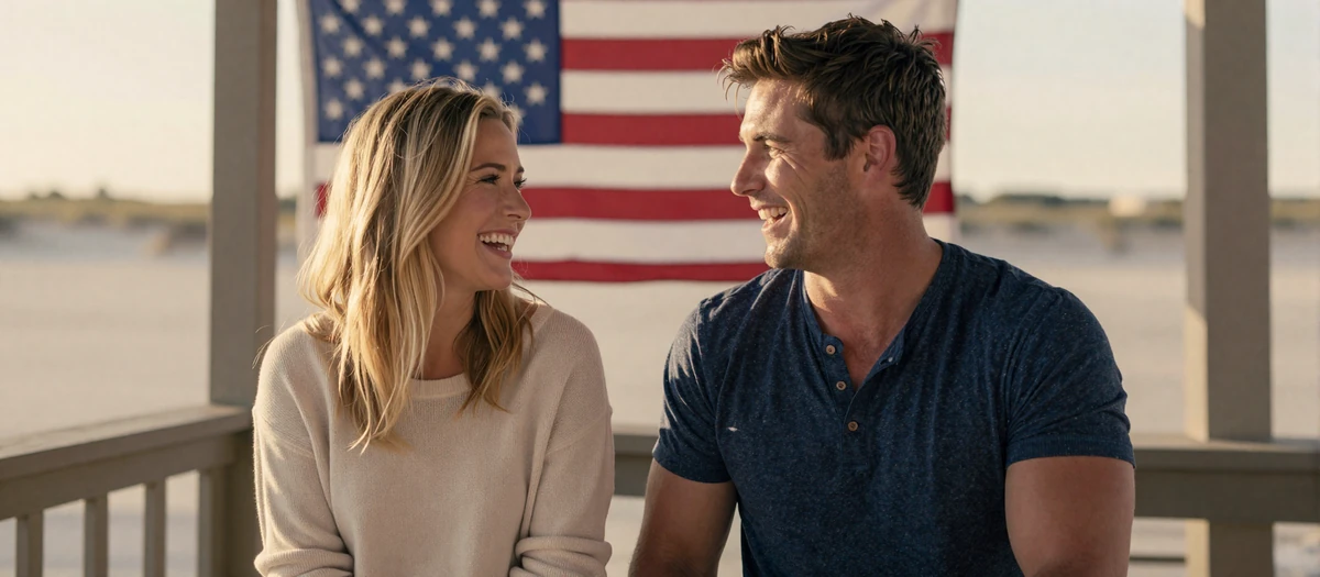 Veteran couple smiling on a porch at golden hour - the heart of the Valor Romance military dating community