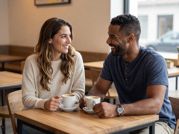 Where to meet military men - Hannah and Marcus on a relaxed coffee date in a sunlit cafe