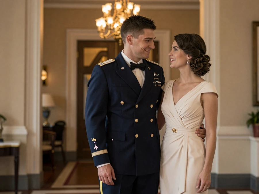 Service member in dress uniform and his fianc&eacute;e who met through uniform dating on Valor Romance