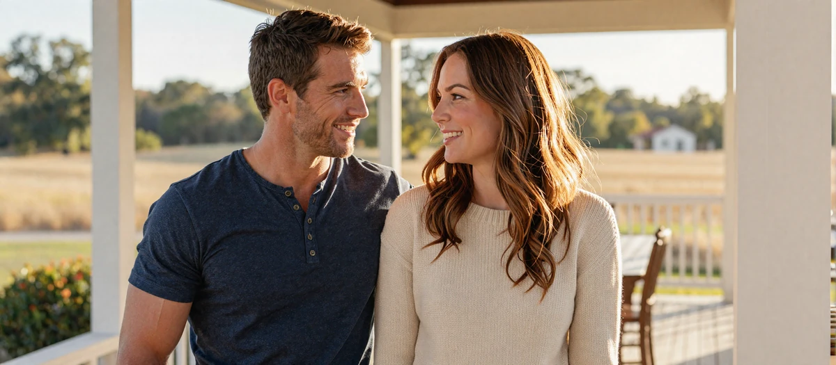 Couple sharing a quiet porch moment - a real military dating connection on Valor Romance