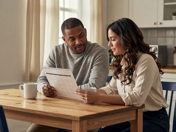 A military dating couple reviewing a shared weekly calendar together at a sunlit kitchen table