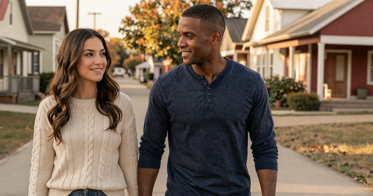 Hannah and Marcus, a real-world military dating couple walking together on an autumn path