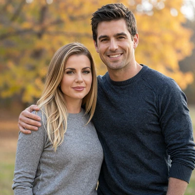 Olivia and Ethan, an Army couple who met on Valor Romance, sharing a warm autumn moment