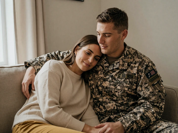 Elena and Daniel at home, an active duty military officer relationship moment of quiet support