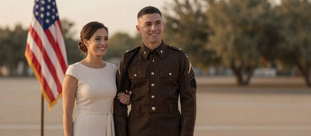 Elena and Daniel, a couple on the active duty dating site Valor Romance, standing together at a base ceremony