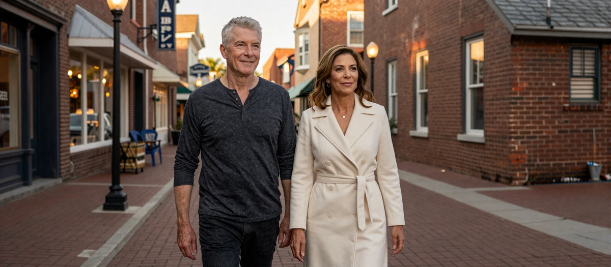 Veteran dating after military retirement - Daniel and Linda walking a small-town main street at golden hour